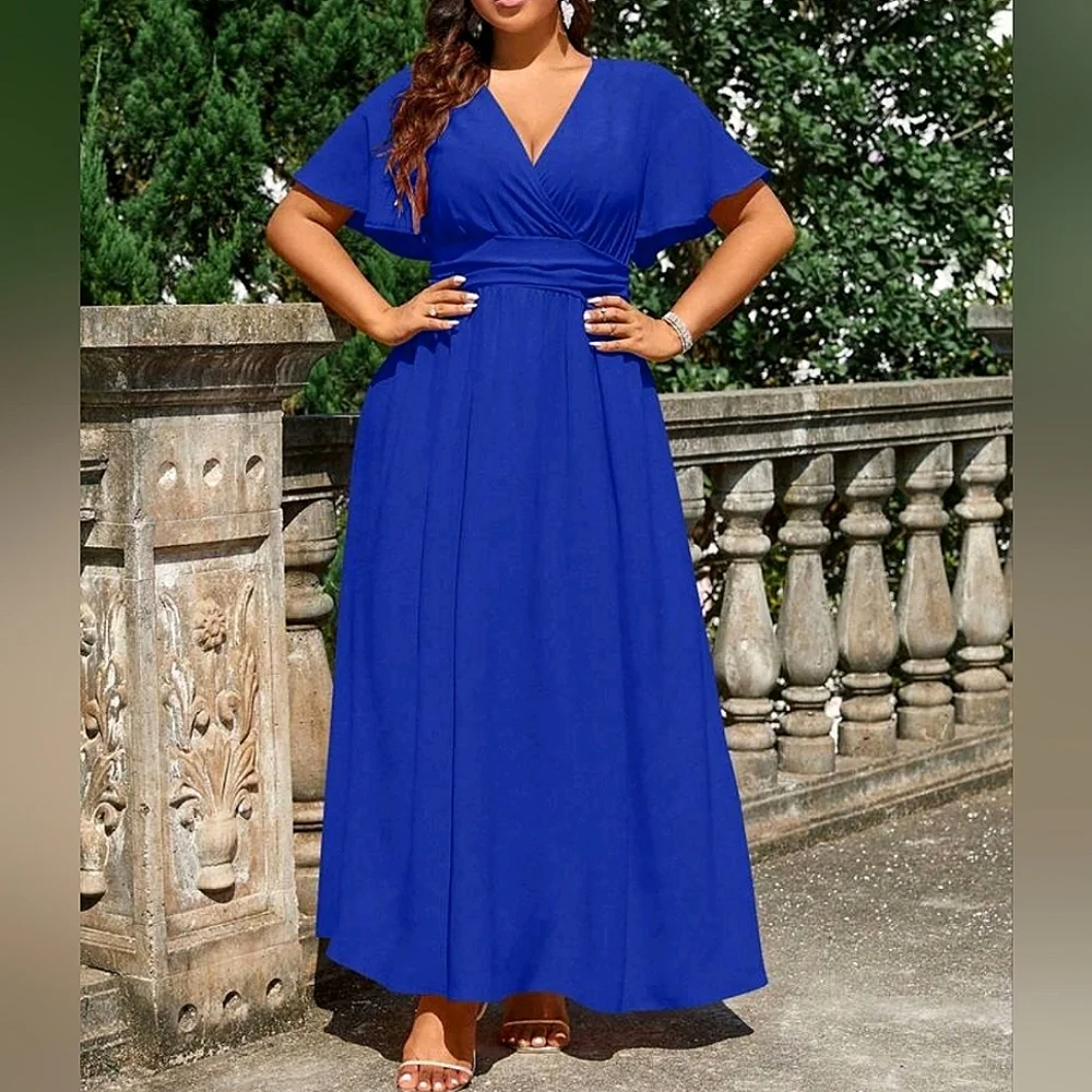 NEW Chic Ruched Waist Flutter Sleeve Maxi Dress PLUS Royal Blue